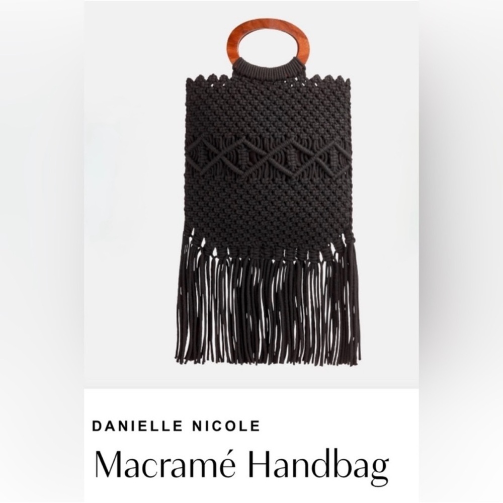 EUC Danielle Nicole Black Crochet Macrame Boho Bag with Fringe & Wooden Handle
